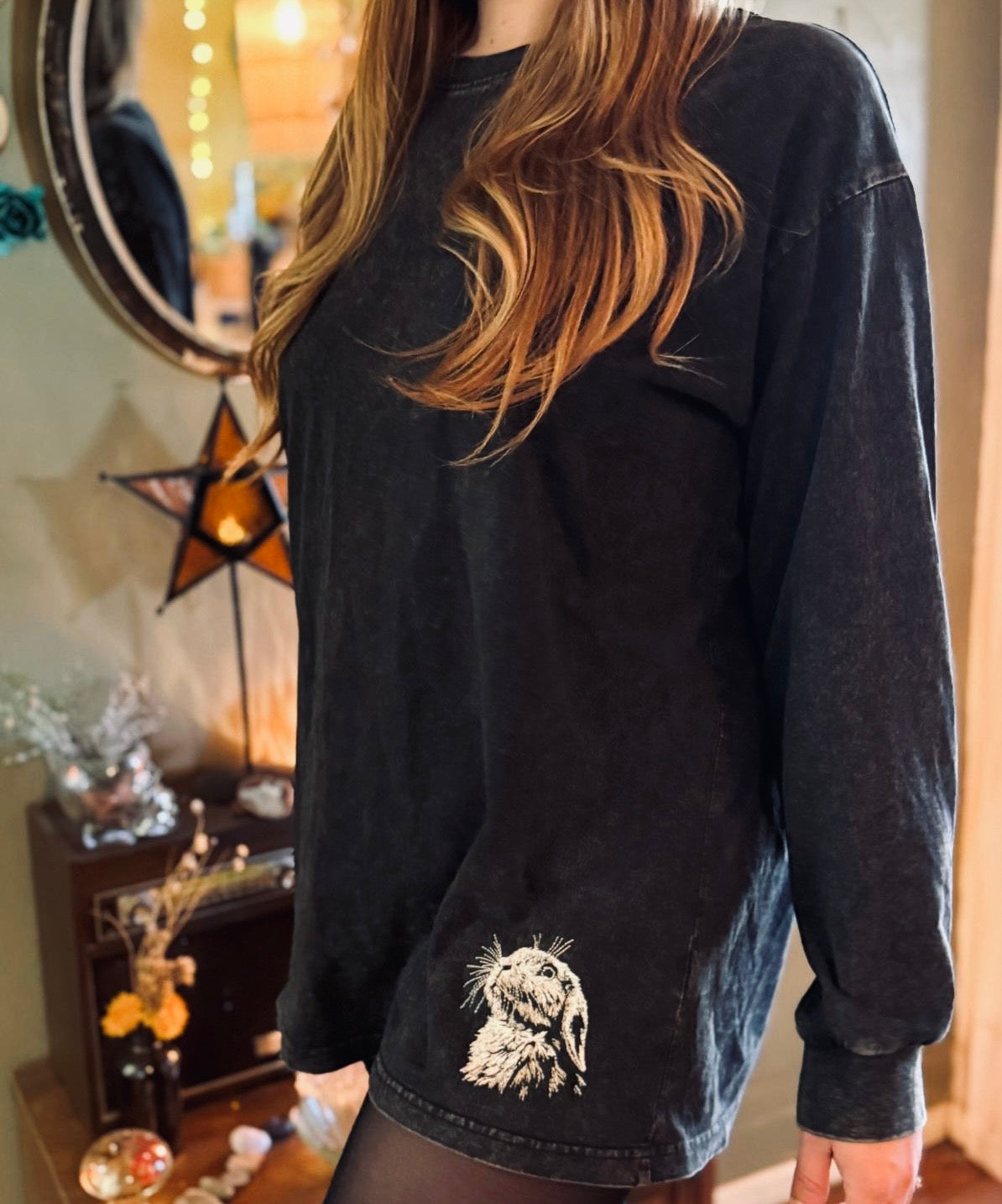 Embroidered Bunny: Vintage Acid Wash Black Long-Sleeve Shirt