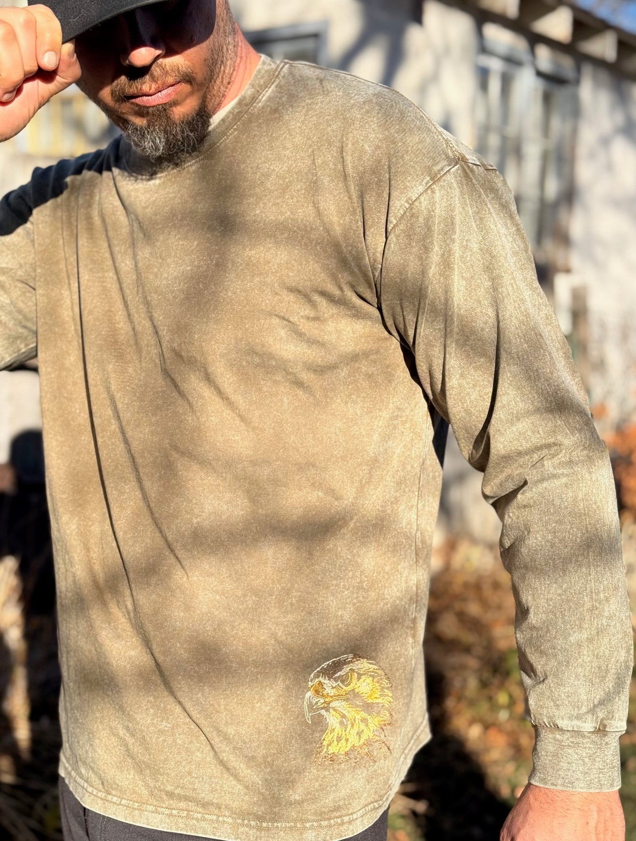 Embroidered Hawk:Vintage Acid Wash Army Green Long-Sleeve Shirt