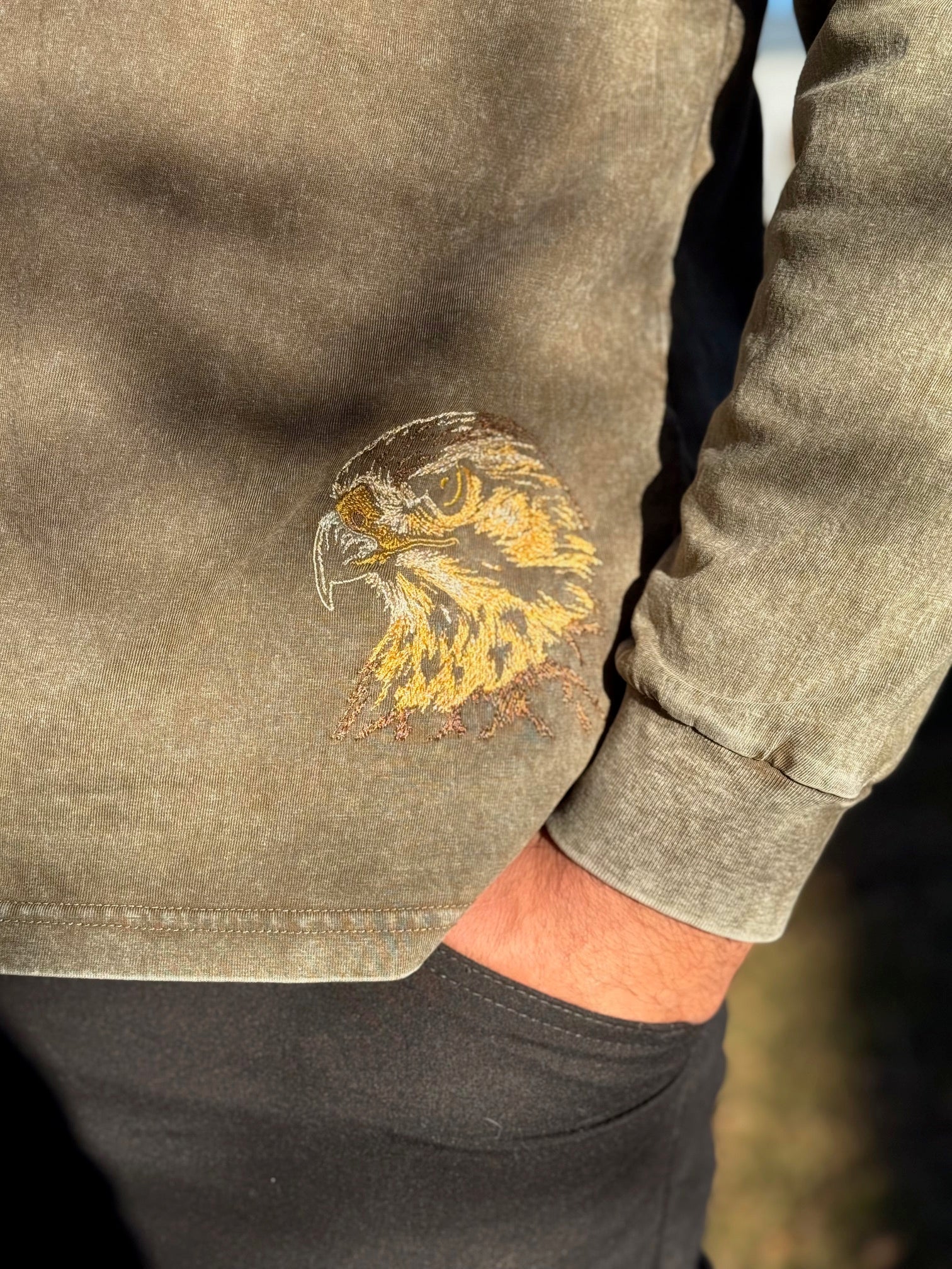 Embroidered Hawk:Vintage Acid Wash Army Green Long-Sleeve Shirt